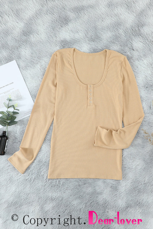 U Neck Button Knit Long Sleeve Top